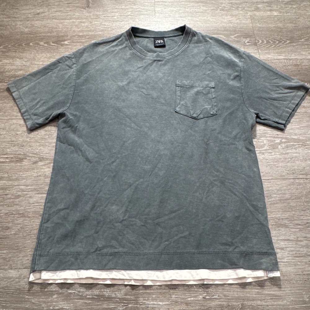 Zara Shirt Mens Medium Gray Short Sleeve‎ Pocket Tee Crew Neck 100% Cotton Adult